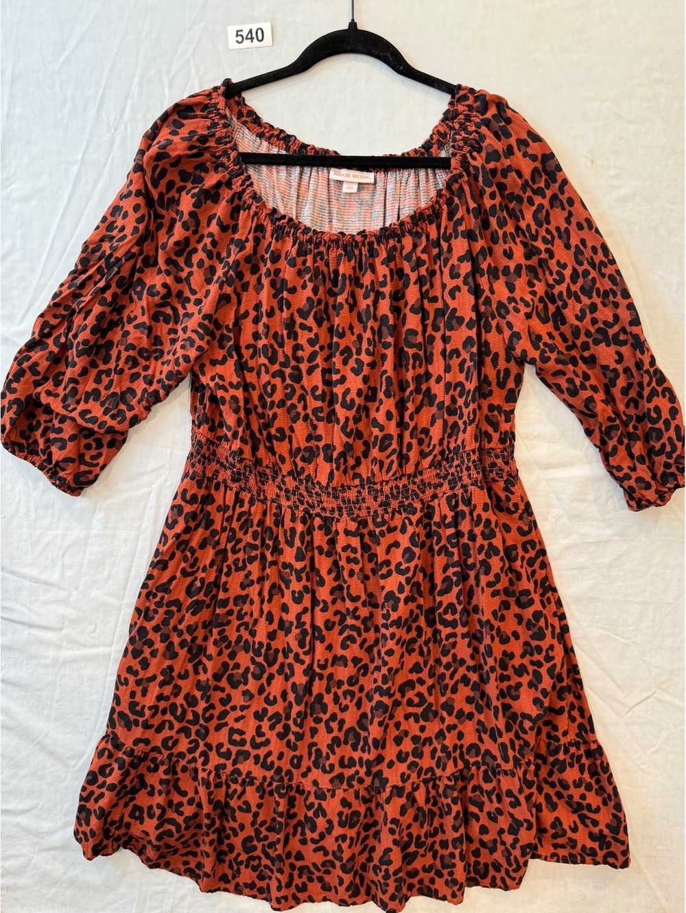 Knox Rose XXL Rust Orange Leopard Print Boho Peasant Dress Smocked Waist